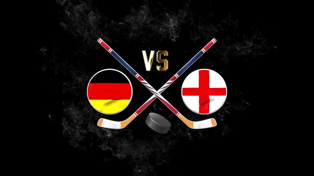Germany vs England hockey match concept with crossed hockey sticks, puck, and national flags on a dark background