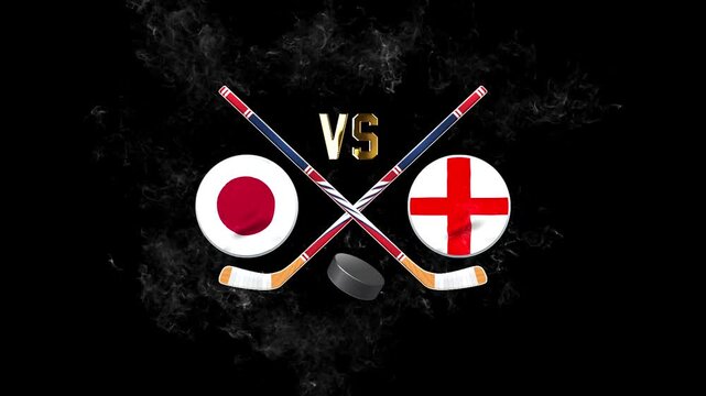 Japan vs England hockey match concept with crossed hockey sticks, puck, and national flags on a dark background