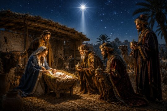 Nativity scene with Virgin Mary, Saint Joseph and baby Jesus in manger with three wise men bringing gifts. Traditional Christmas event under starry sky in Bethlehem. Religious worship.