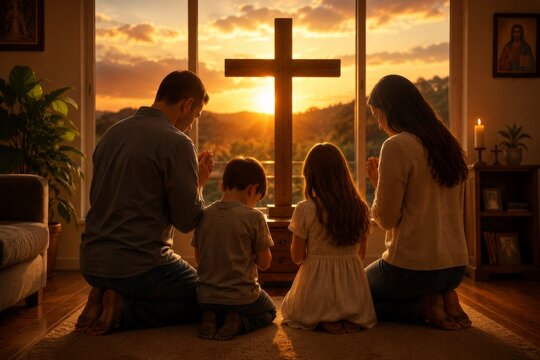 Family praying together before wooden cross at sunset. Father, mother, boy and girl kneeling on floor in devotion. Christian faith, spiritual worship and religious home ritual practice.