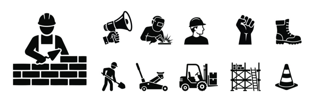 Construction and labor worker icon set featuring bricklayer, welder, forklift, scaffolding, safety cone, boot, and tools
