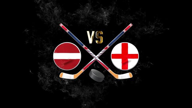 Latvia vs England hockey match concept with crossed hockey sticks, puck, and national flags on a dark background