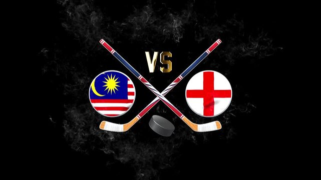 Malaysia vs England hockey match concept with crossed hockey sticks, puck, and national flags on a dark background