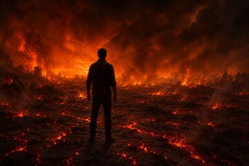 Obraz premium Man standing in front of burning lava landscape. Dramatic scene of volcanic eruption with hot molten magma. Conceptual imagery of disaster, apocalypse and survival in hostile environment.