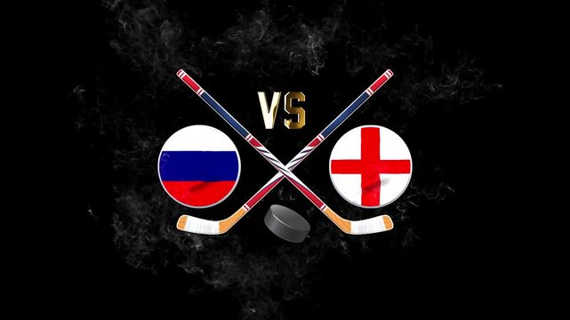 Russia vs England hockey match concept with crossed hockey sticks, puck, and national flags on a dark background