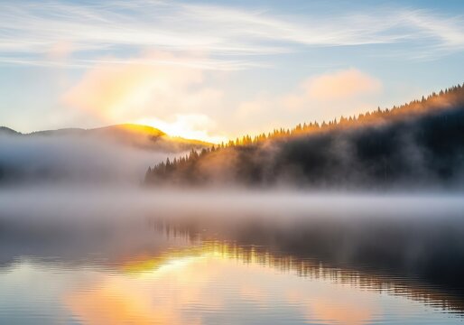 A serene mountain lake at sunrise with thick white mist drifting over the calm water surface and golden light hitting the evergreen trees, lake, natural, reflection