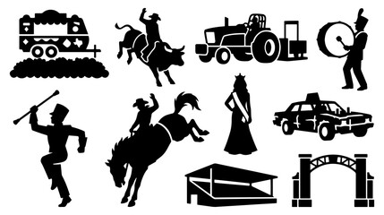 Obraz premium America State Fair Vector Silhouette Bundle - USA County Carnival Midway Icon Pack - American Agricultural Exhibition Rodeo Food Template Collection 