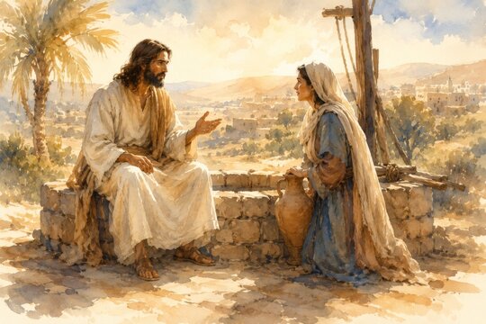 Jesus talking to a Samaritan woman at a water well in biblical setting. The meeting of faith and spiritual conversation. Religious watercolor illustration for Christian teaching.