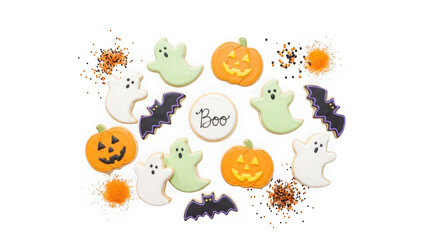 Fototapeta premium Set of halloween cookies shaped like ghosts, pumpkins, and bats isolated on transparent background