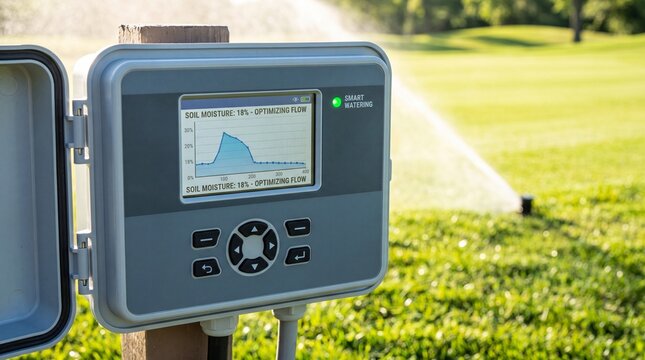 Modern smart irrigation control panel displaying data with lawn sprinklers in a green garden background