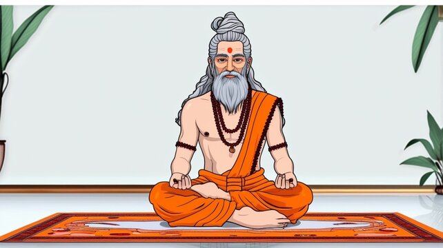 Guru purnima tribute featuring a meditating indian sage in orange robes