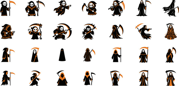Collection of various grim reaper characters and death personifications in different poses isolated on white background