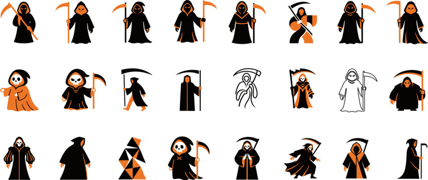 Collection of various grim reaper character illustrations featuring dark hooded figures with scythes for halloween design projects