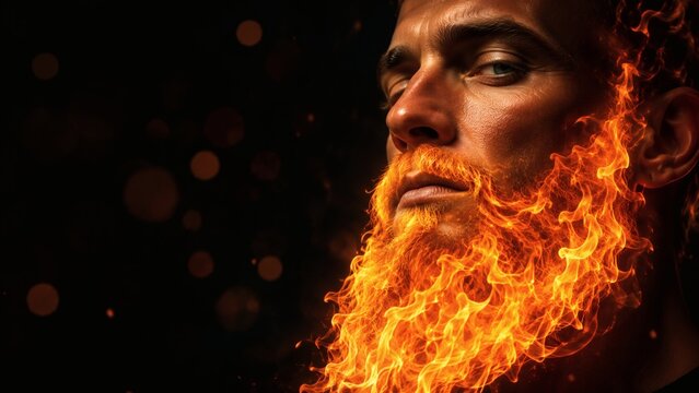 Man with fire-themed beard and intense expression in dark lighting  