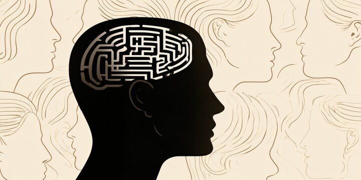 a single black head silhouette features a prominent white brain graphic styled as a maze with black line segments a dense background pattern that emphasizes the single solid black head Generative AI