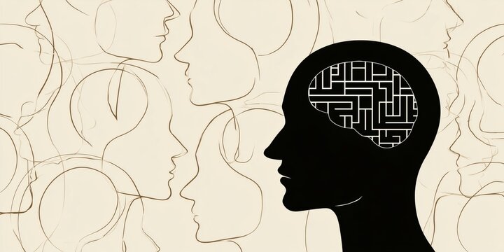 a single black head silhouette, profile view, faces to the right and features a prominent white brain graphic styled as a maze with black line segments Generative AI