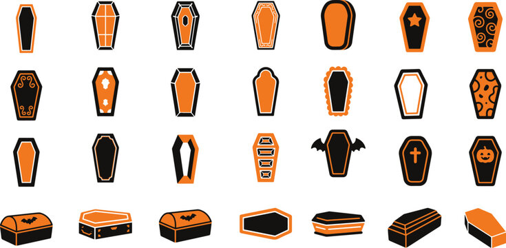 Collection of various ancient egyptian sarcophagi and mummies arranged in a grid on a white background
