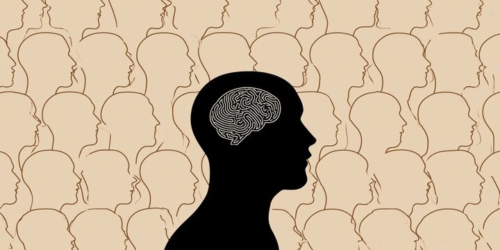 a repeating pattern of head silhouettes in profile within the black silhouette, a white brain is illustrated with fine black lines forming a intricate labyrinth like pattern Generative AI