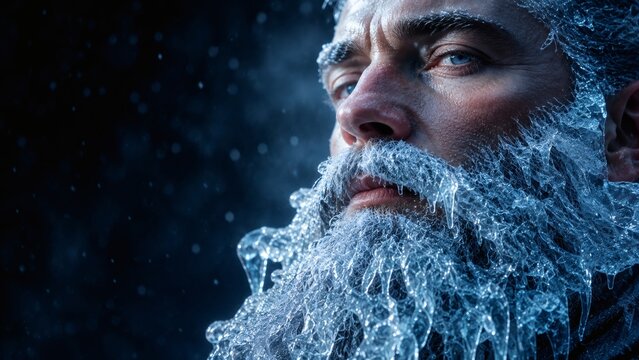 Man with ice-covered beard looking serious in winter setting  