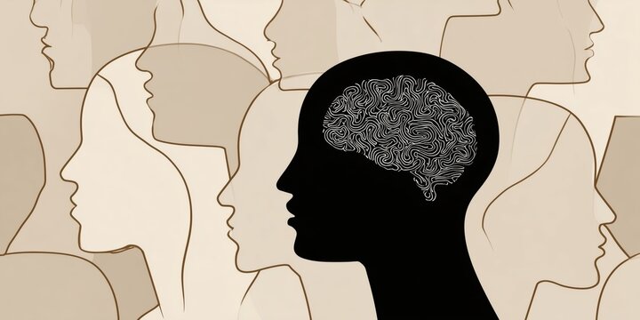 a pattern of stylized human profiles placed centrally among them is one solid black head profile facing right a white brain graphic detailed with complex, swirling black line patterns Generative AI