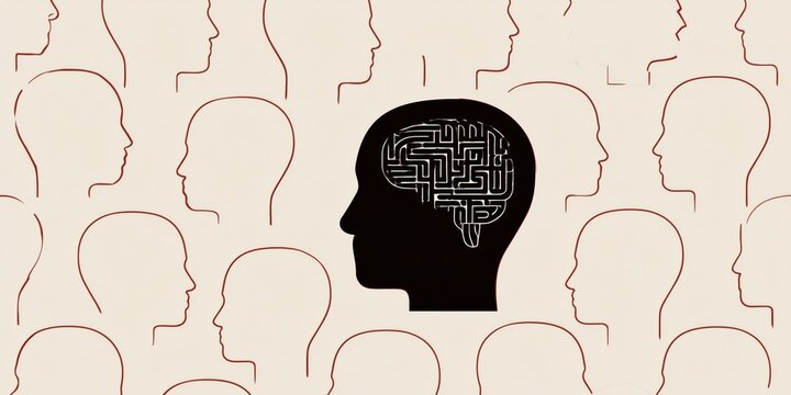 numerous stylized profile silhouettes of human heads on a light beige background in the center, one head silhouette is solid black, facing right a human brain, depicted in a maze of line Generative AI