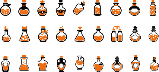 Set of hand drawn magic potion bottles and glass flasks with various shapes for alchemy or witchcraft © JahedaKhatun