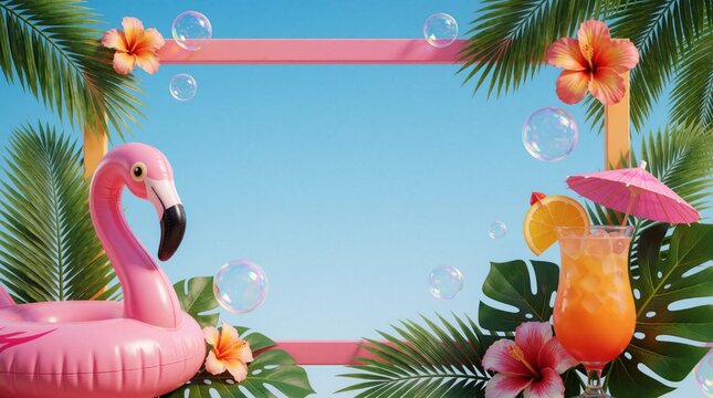 3D tropical frame with pink flamingo pool float, refreshing cocktail glass. Summer background features palm leaves hibiscus flowers, floating bubbles. Colorful holiday border with empty space for
