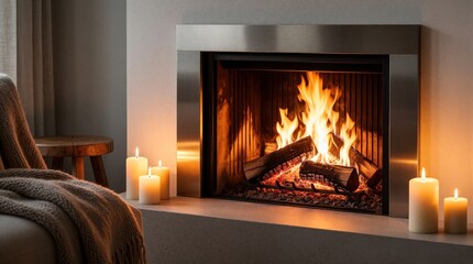 Obraz premium Modern metal fireplace with warm burning logs in interior room. Bright flames glow inside hearth white wax candles stand on stone ledge. Soft knitted blanket rests on armchair nearby. Relaxing