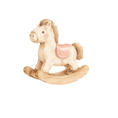 Handcrafted wooden rocking horse for children's nursery decor. Classic toy with soft pink saddle and gentle curves for safe playtime.
