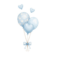 Three blue heart-shaped balloons floating together. Romantic celebration decoration with pastel party accessories for love events.