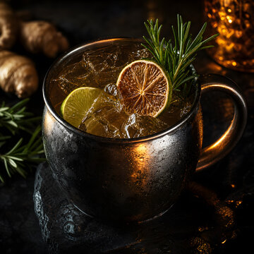 Moscow mule cocktail in copper mug with lime rosemary and ginger