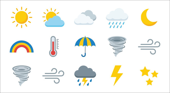 Weather forecast icons set flat two color style against a white background for meteorological applications atmospheric condition climate cloud