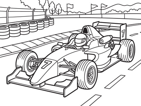 Formula race car with number seven on a track, coloring page outline with driver, tires, and checkered flag background