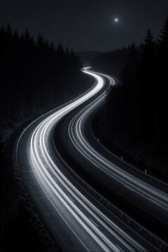 Curved highway at night shows light trails from moving cars. Moon shines above dark forest on winding road. Travel and transport concept with glowing streaks.
