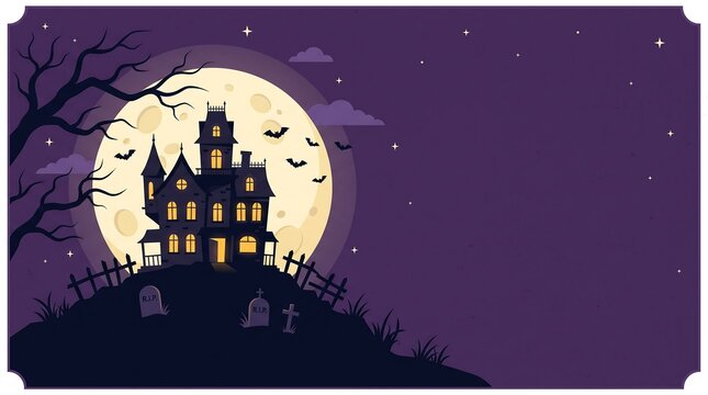 Spooky haunted mansion on a hill with a full moon and flying bats background