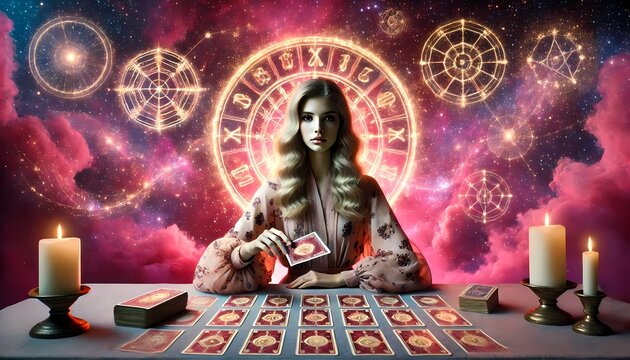 Mystical Tarot Reader Offering Spiritual Guidance Beneath the Zodiac Sky