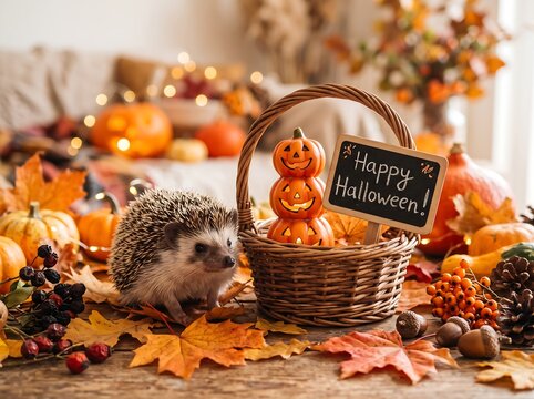 A cute little hedgehog sitting next to a wicker basket with pumpkins for halloween
