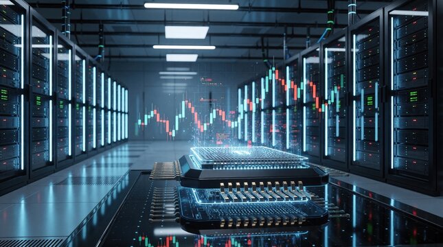 Futuristic computer chip hovers over glowing stock market data in modern server room. Digital graphs show financial trading trends. AI processing power in data center.