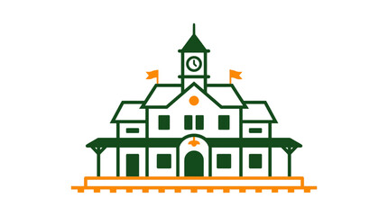 Naklejka premium Vintage Train Station Building with Clock Tower and Flags, Flat Design