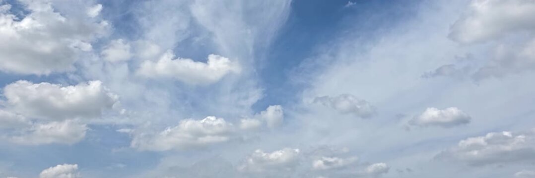 Cloudscape, Timelapse of Panoramic Blue Sky Background with Wispy Cirrus and Cumulus Clouds for Banner