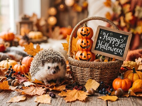 Cute hedgehog sitting next to a basket with pumpkins and a happy halloween sign