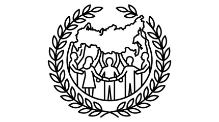 Obraz premium Industrial Black and White Line Art Emblem Featuring Silhouette Figures Holding Hands Inside a Laurel Wreath Border