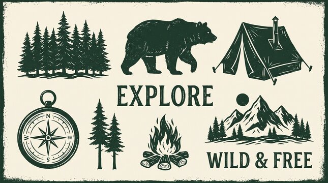 Vintage Outdoor Abenteuer Set mit B&auml;r und Zelt, Retro Camping Illustrationen f&uuml;r Wanderer, rustikale Natur Grafiken mit Kompass und Bergen, 8 Design Elemente f&uuml;r Wildnis Logos