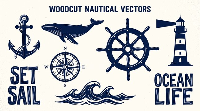 Vintage Holzschnitt Nautik Vektoren Set, maritime Symbole mit Anker Wal und Leuchtturm, dunkelblaue Ozean Grafiken im Retro Stil, nautische Illustrationen f&uuml;r maritimes Design