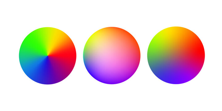 Rainbow color gradient spheres set. Conical, radial and linear vibrant gradients