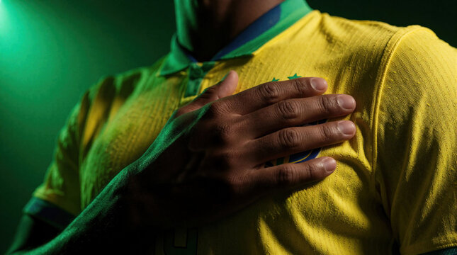 Brazilian football player puts hand on chest in patriotic gesture. Male athlete wears yellow green jersey before soccer game match at stadium. Proud man shows national loyalty, deep respect for