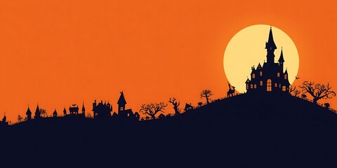 Fototapeta premium Spooky silhouette of a haunted castle on a hill against a bright orange full moon