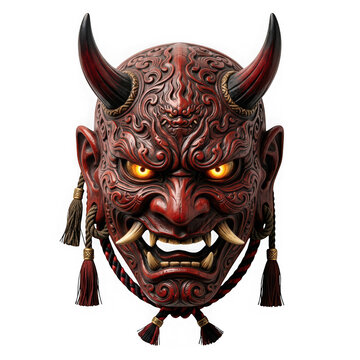 Traditional japanese hannya mask with glowing eyes and intricate carvings isolated on transparent background