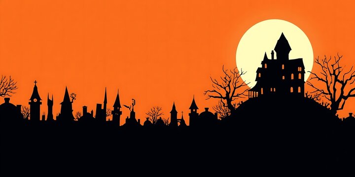 Spooky haunted mansion silhouette against a glowing full moon on a dark orange background