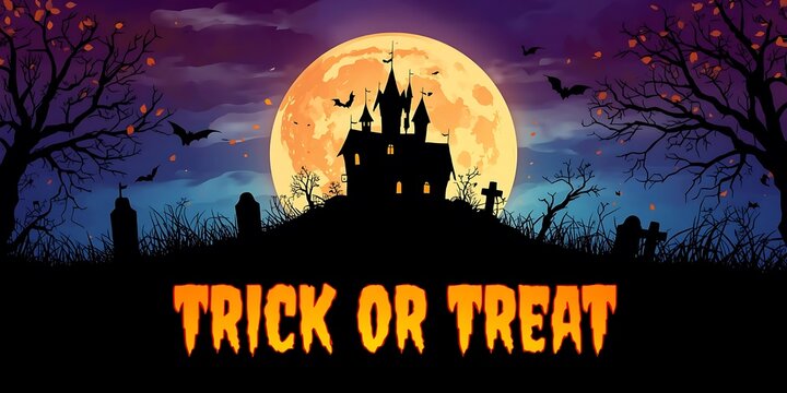 Spooky halloween background featuring a haunted castle silhouette under a large full moon